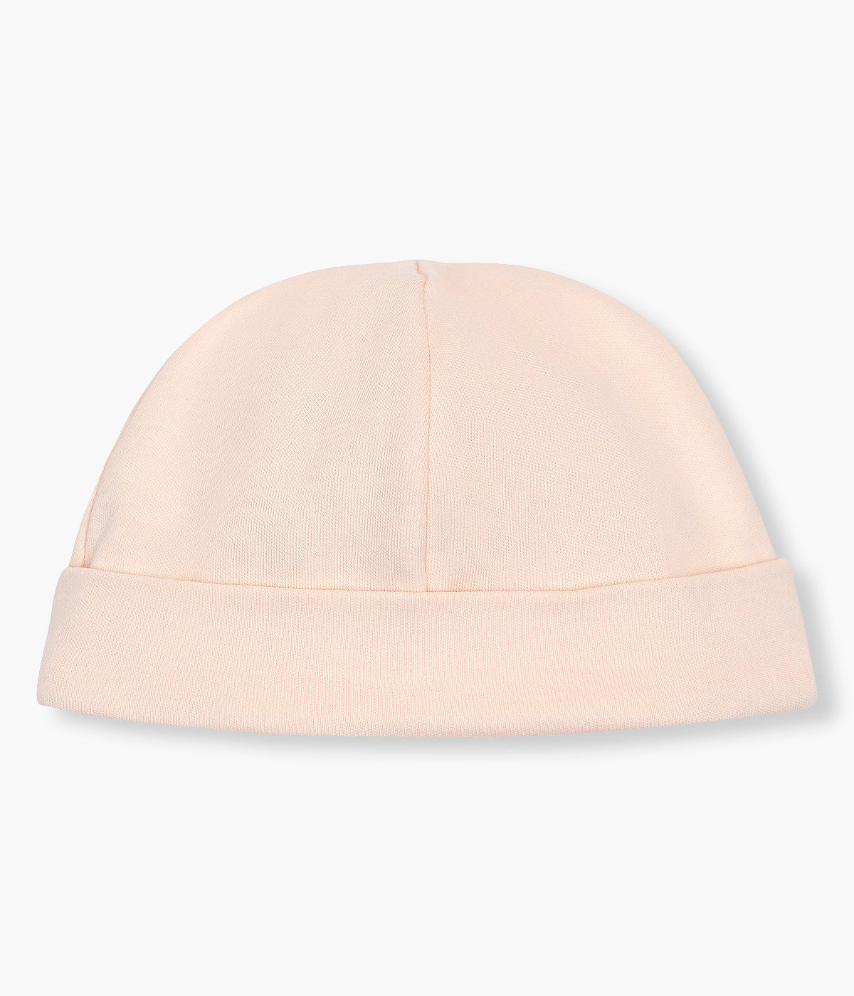Vista de trás do gorro duplo nude da Baby Gi para bebé menina e recém-nascida, 100% algodão. Suave gorro com pequena borboleta em branco, dobra a toda a volta e interior sem costuras.