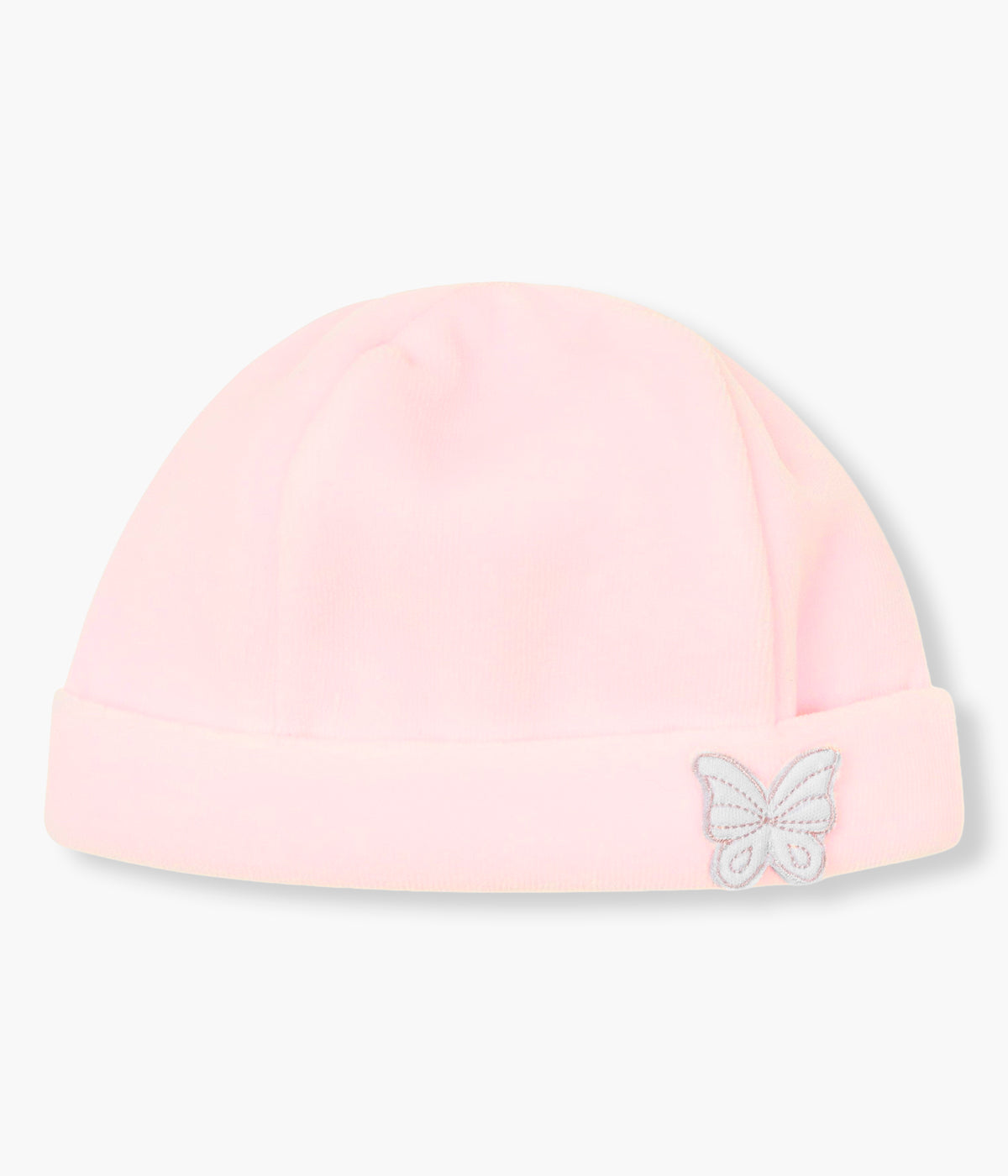Vista frontal do gorro em veludo rosa da Baby Gi para bebé menina e recém-nascida. Quentinho gorro com forro em algodão sem costuras e dobra com pequena borboleta branca na dobra.