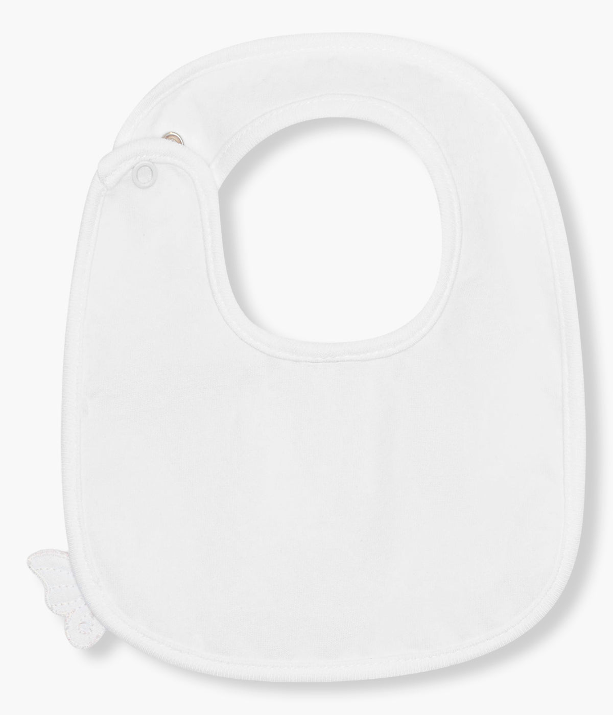 Vista de costas da babete impermeável branca da Baby Gi para bebé menina e recém-nascida, 100% algodão. Elegante babete de formato quadrado com padrão pequena borboleta com contornos rosa no canto.