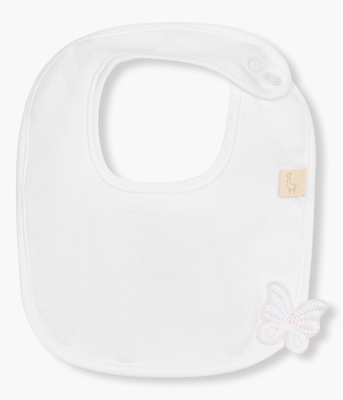 Vista de frente da babete impermeável branca da Baby Gi para bebé menina e recém-nascida, 100% algodão. Elegante babete de formato quadrado com padrão pequena borboleta com contornos rosa no canto.