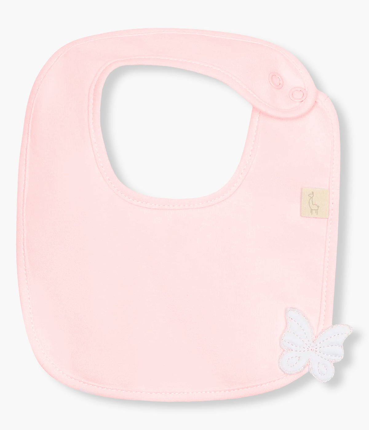 Vista frontal da babete rosa da Baby Gi para bebé menina e recém-nascida, 100% algodão. Elegante babete de formato quadrado com pequena borboleta em branco no canto.