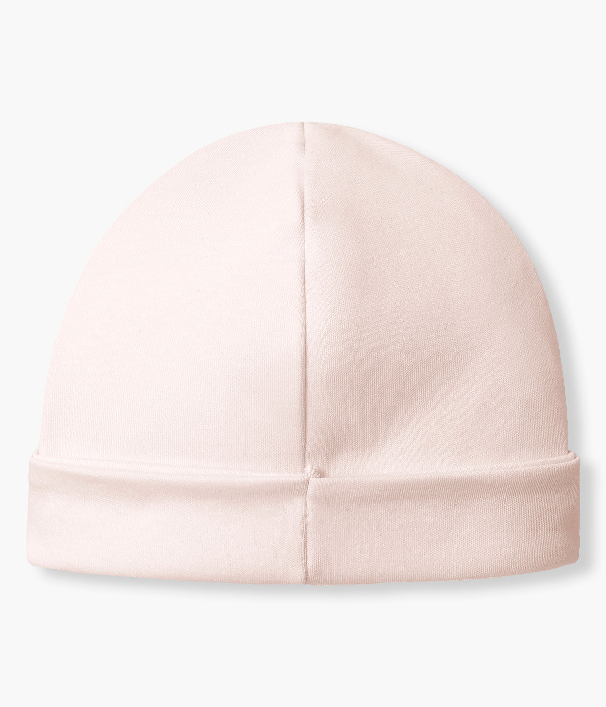 Vista de tras do gorro duplo em algodão rosa da Laranjinha para bebé menina e recém-nascida, 100% algodão. Delicado gorro com dobra a toda a volta, interior sem costuras e pequena chapa em madrepérola na frente.