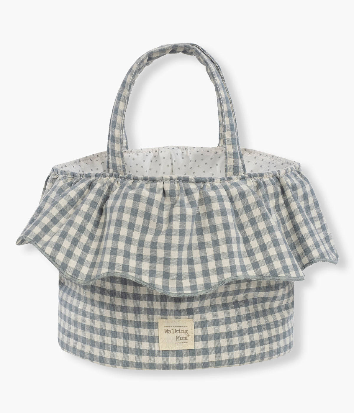 Cesta Organizadora Walking Mum Praliné Vichy Matcha. Complemento ideal para manter o quarto do bebé organizado com elegância. Leve e prático, este certo alia funcionalidade a um delicado padrão vichy intemporal.