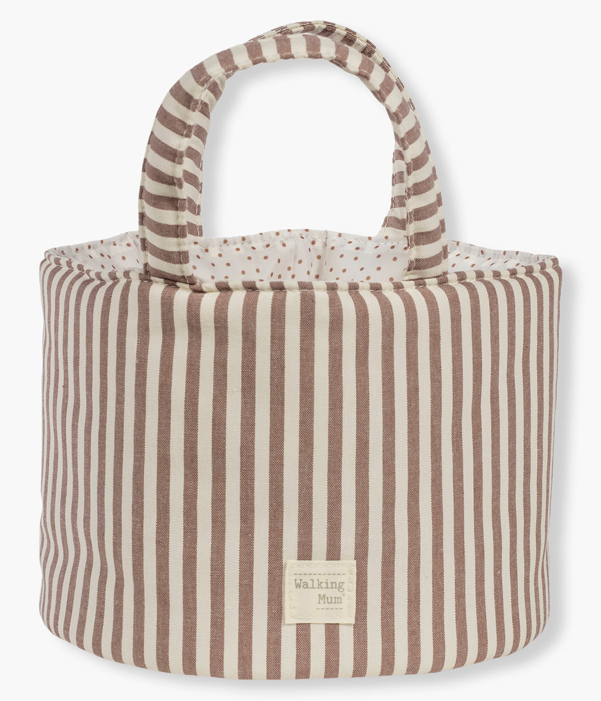 Cesto Organizador Walking Mum Praliné Strips Moka visto de frente e vazio.