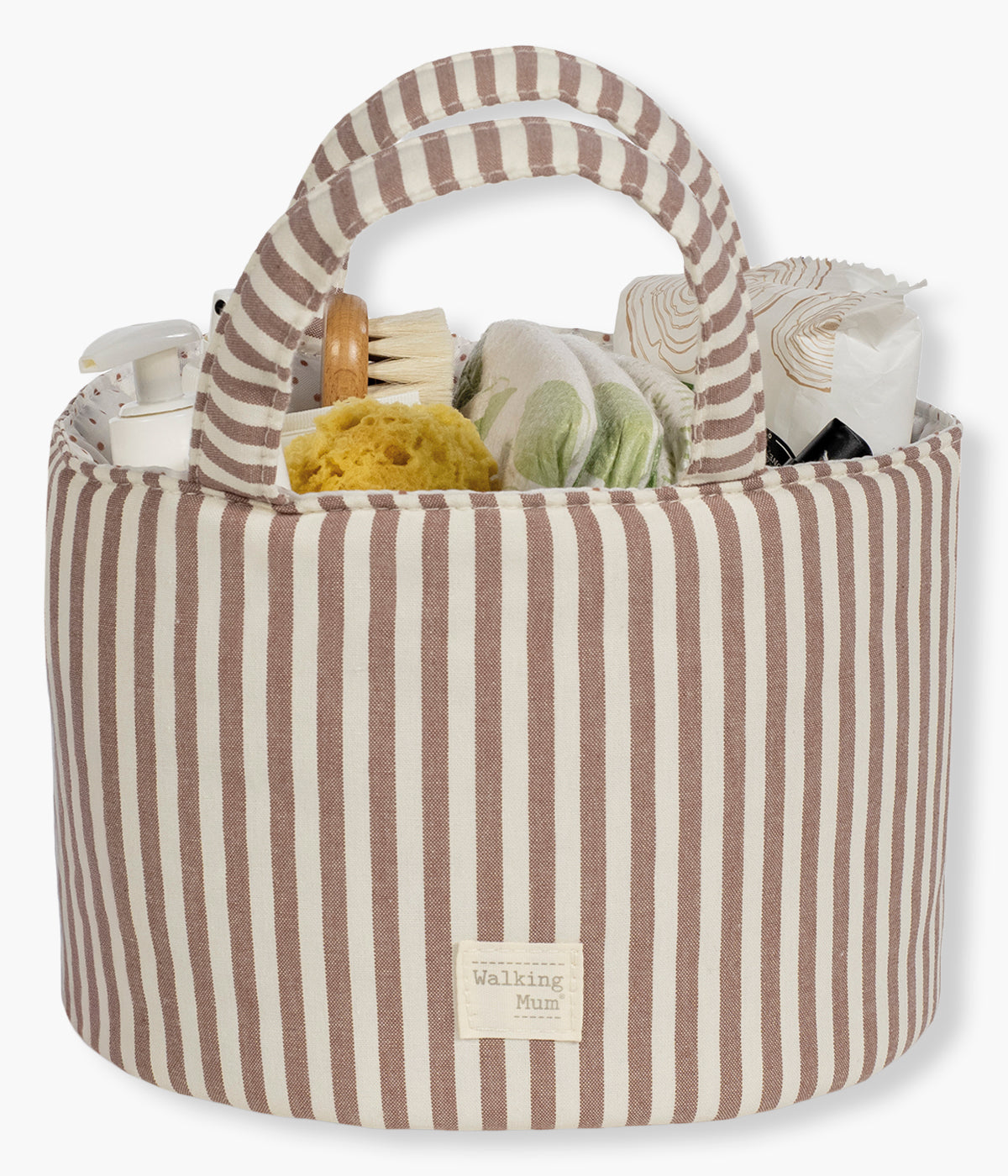 Cesto Organizador Walking Mum Praliné Strips Moka visto de frente com artigos de bebé.