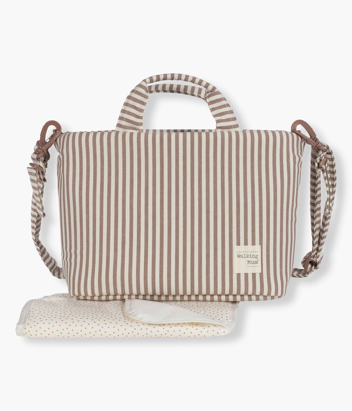 Mala de Maternidade Walking Mum Praliné Strips Moka vista de frente.