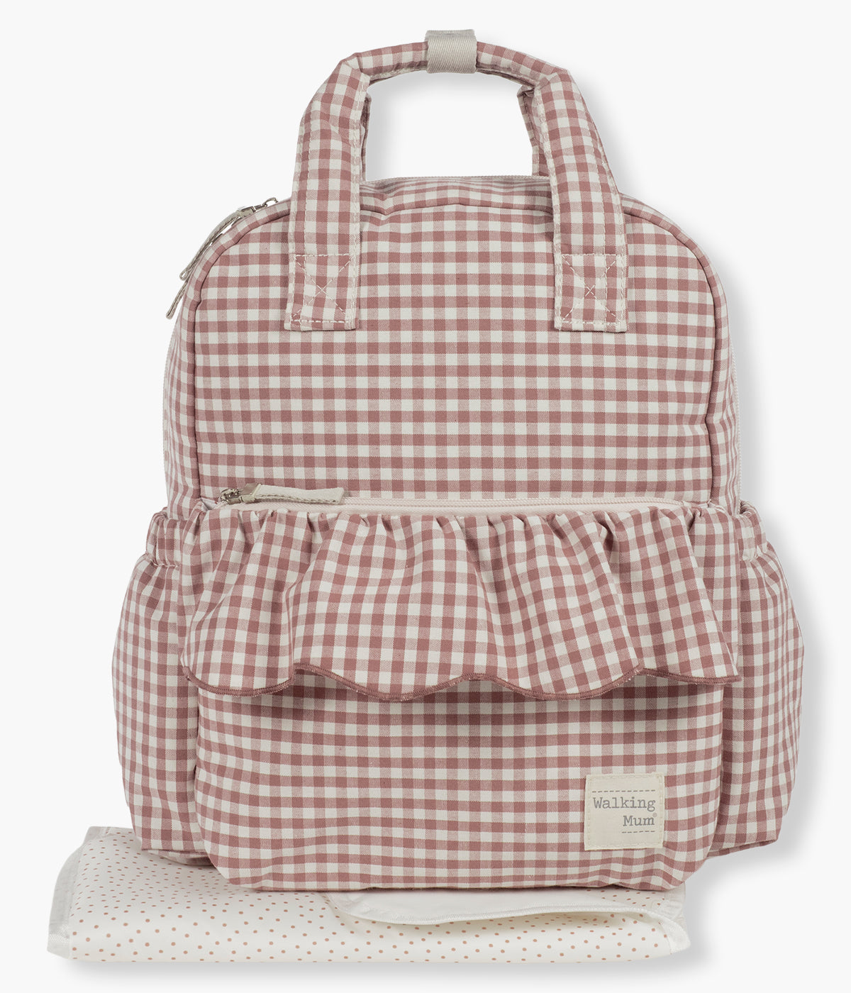 Mochila de Maternidade Walking Mum Praliné Vichy Moka. Com um elegante padrão vichy em tons de rosa, esta leve e prática mochila de maternidade com tratamento resistente à água, possui uma grande capacidade, sendo perfeita para os passeios com a bebé. Resguardo portátil incluído.