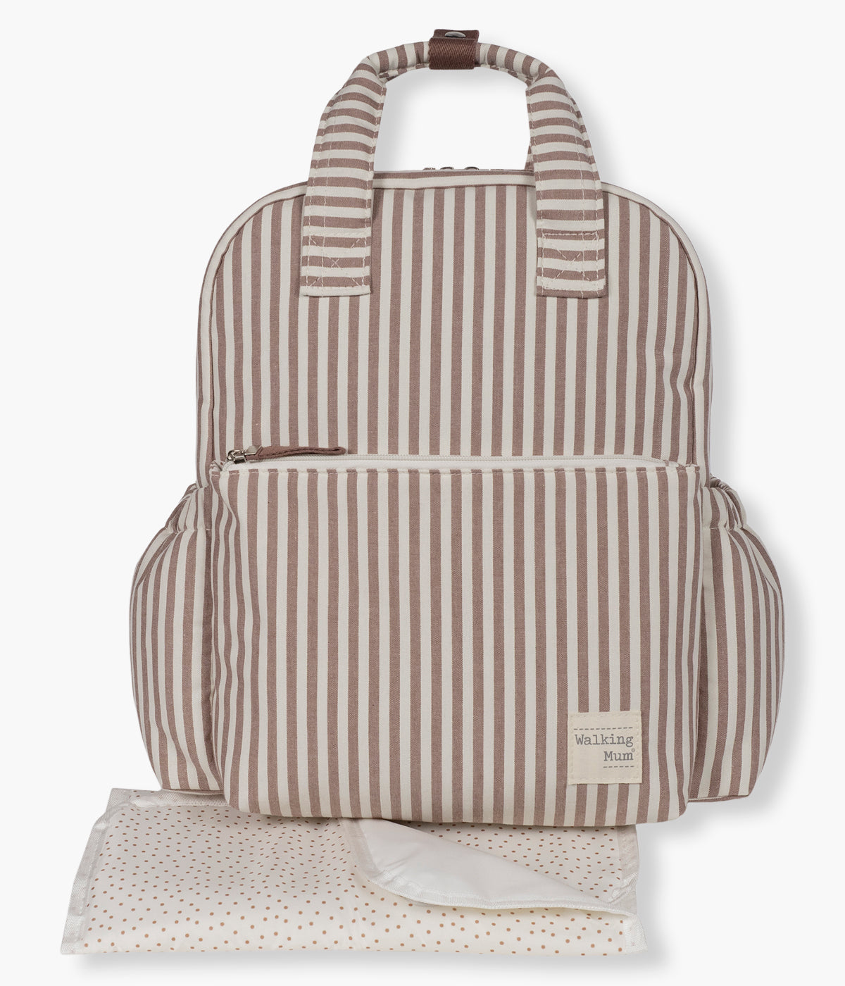 Mochila de Maternidade Walking Mum Praliné Strips Moka vista de frente.