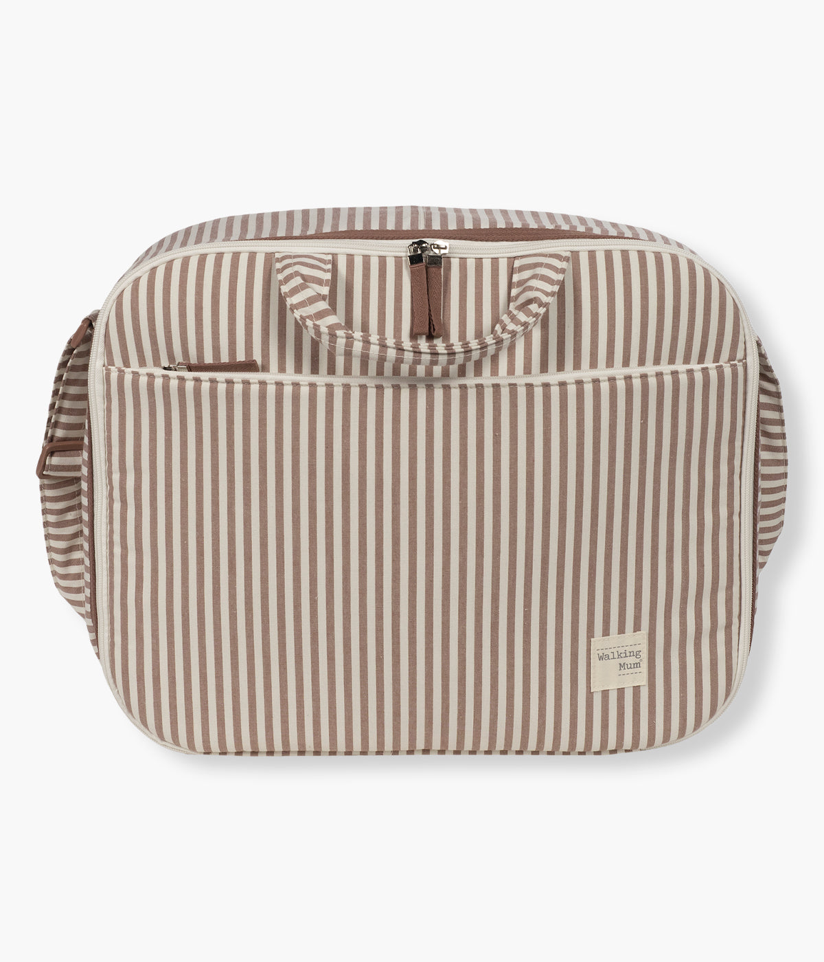 Mala Maternidade Retangular Walking Mum Praliné Strips Moka vista de frente e fechada.