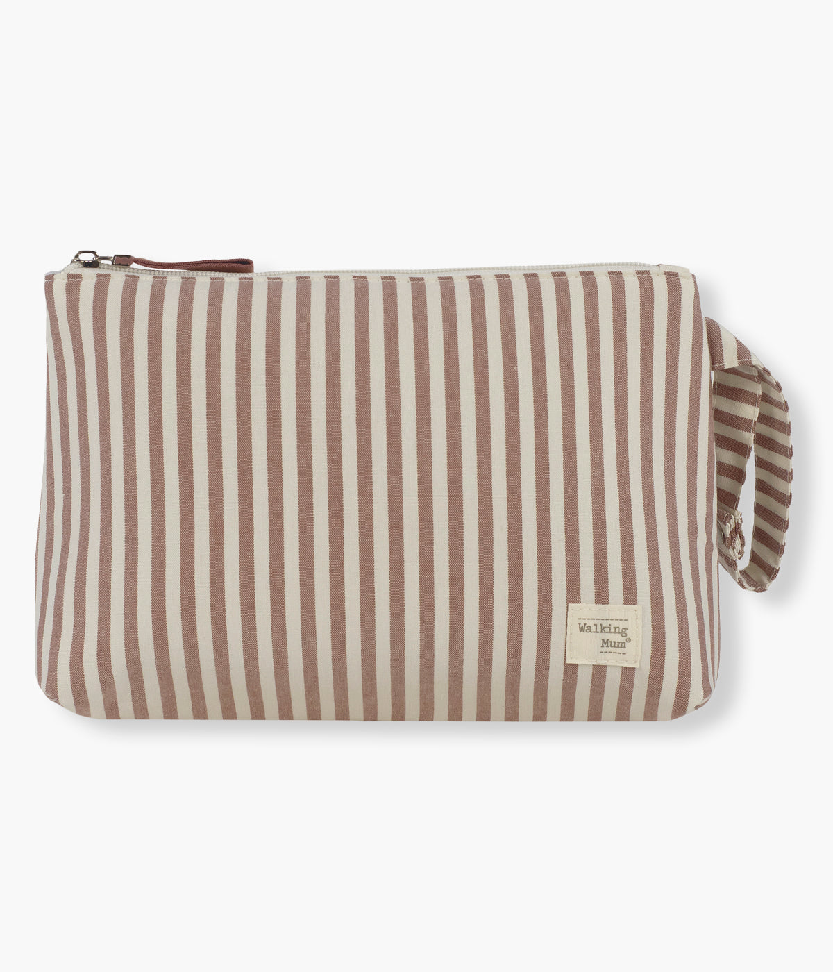 Necessaire para Bebé Walking Mum Praliné Strips Moka visto de frente e fechado.