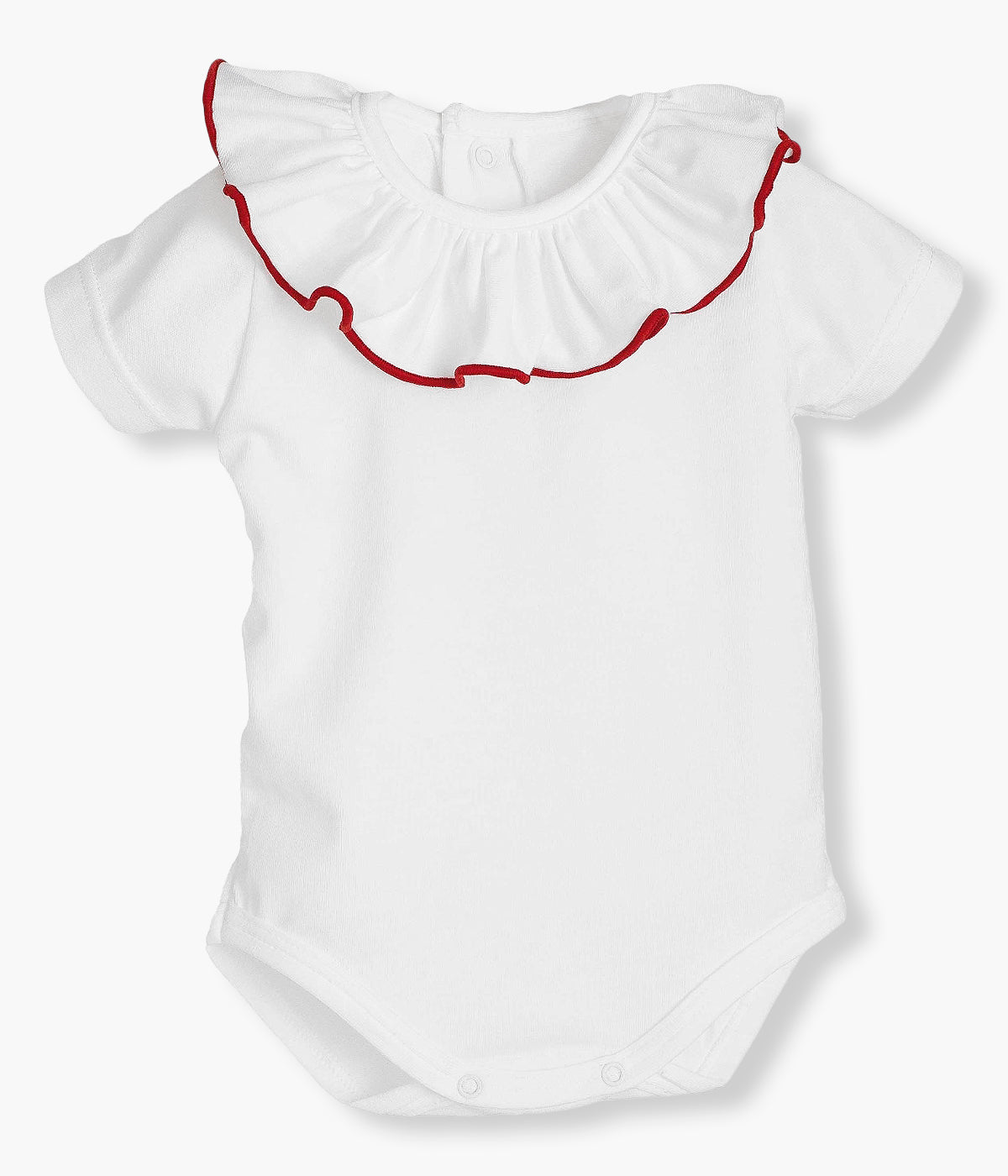 Body de manga comprida em algodão branco da Calamaro Baby para bebé e recém-nascido(a). Gola folho com rebordo em bordô. Abertura com molas de pressão nas costas e entrepernas para vestir facilmente.