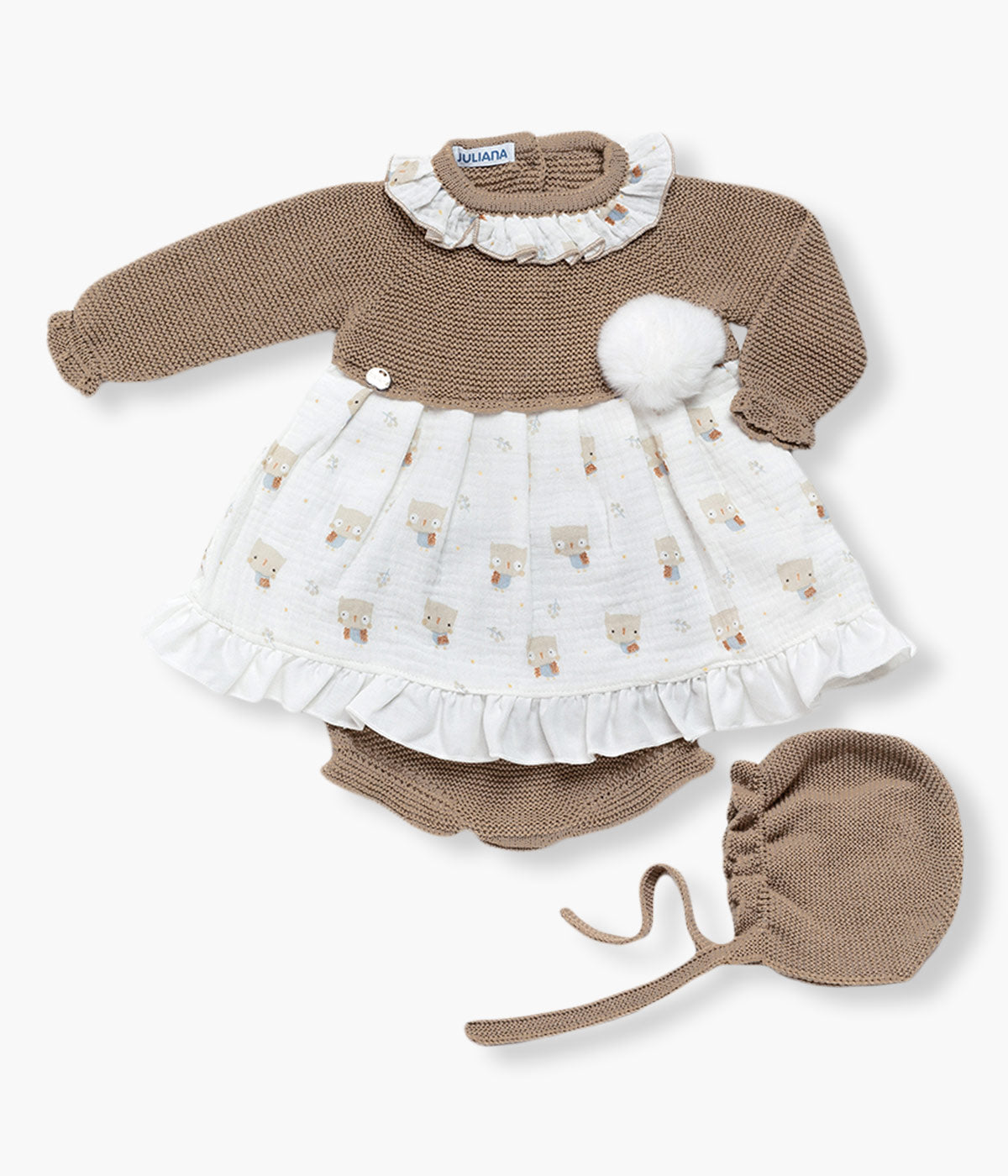 Conjunto Malha com Lã e Algodão Bebé Menina Mochos 3pc - Bege