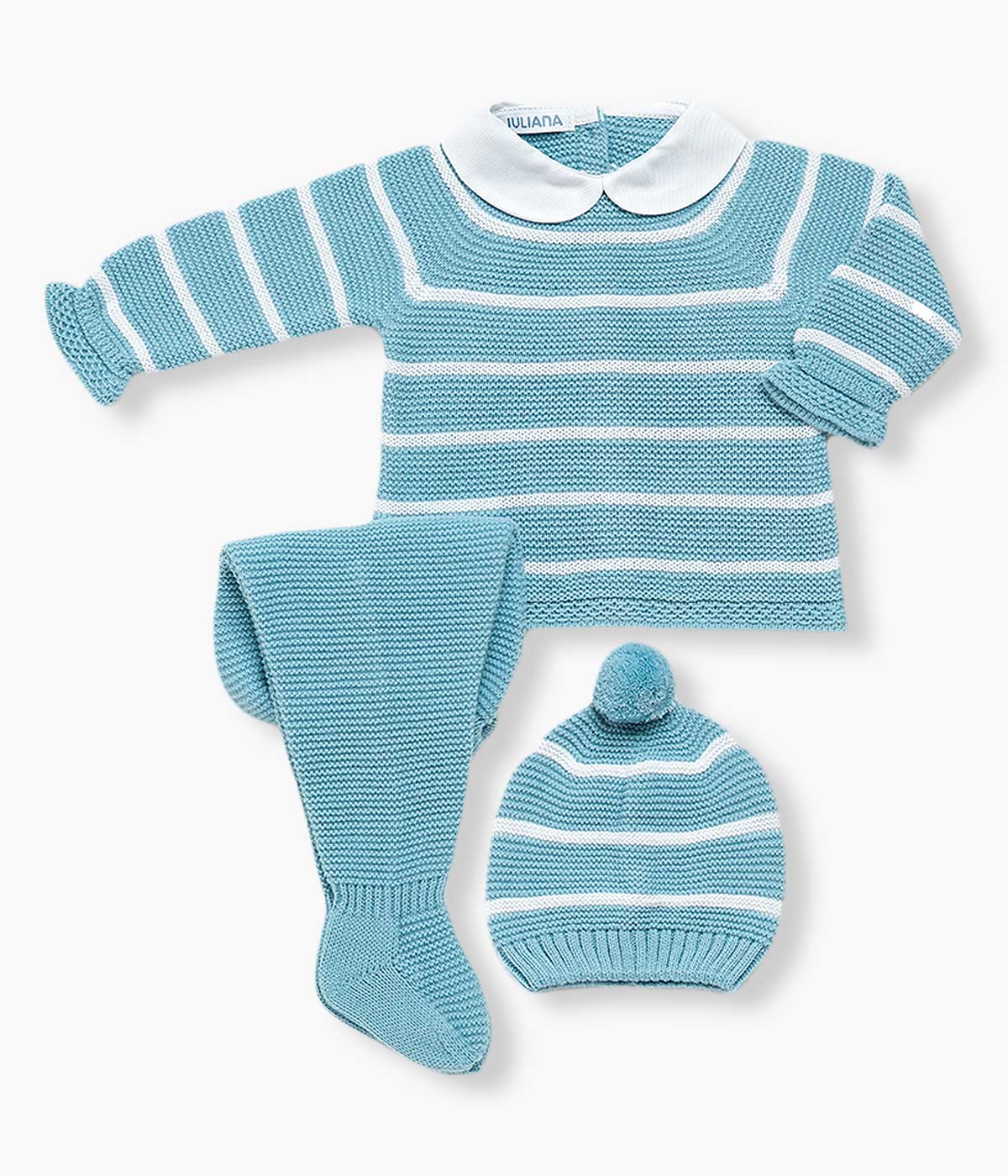 Conjunto de Malha com Gola Bebé 3pc Riscas - Azul Turquesa