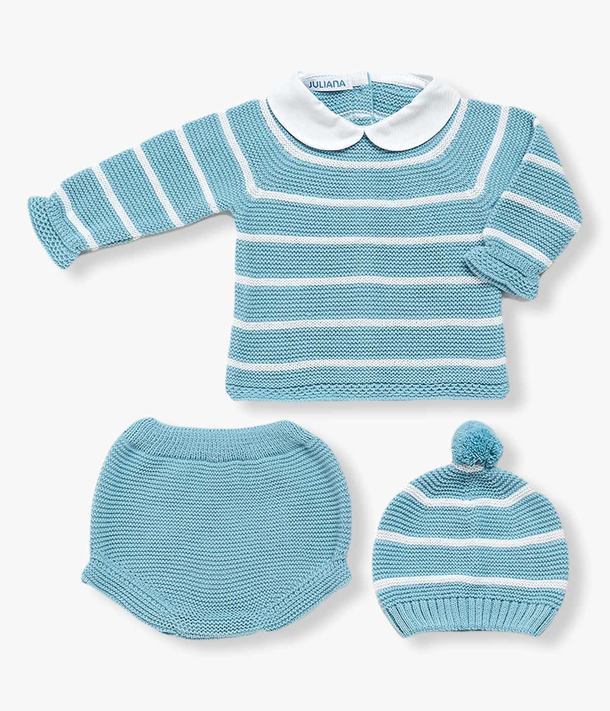 Conjunto de Malha para Bebé 3pc Riscas - Azul Turquesa