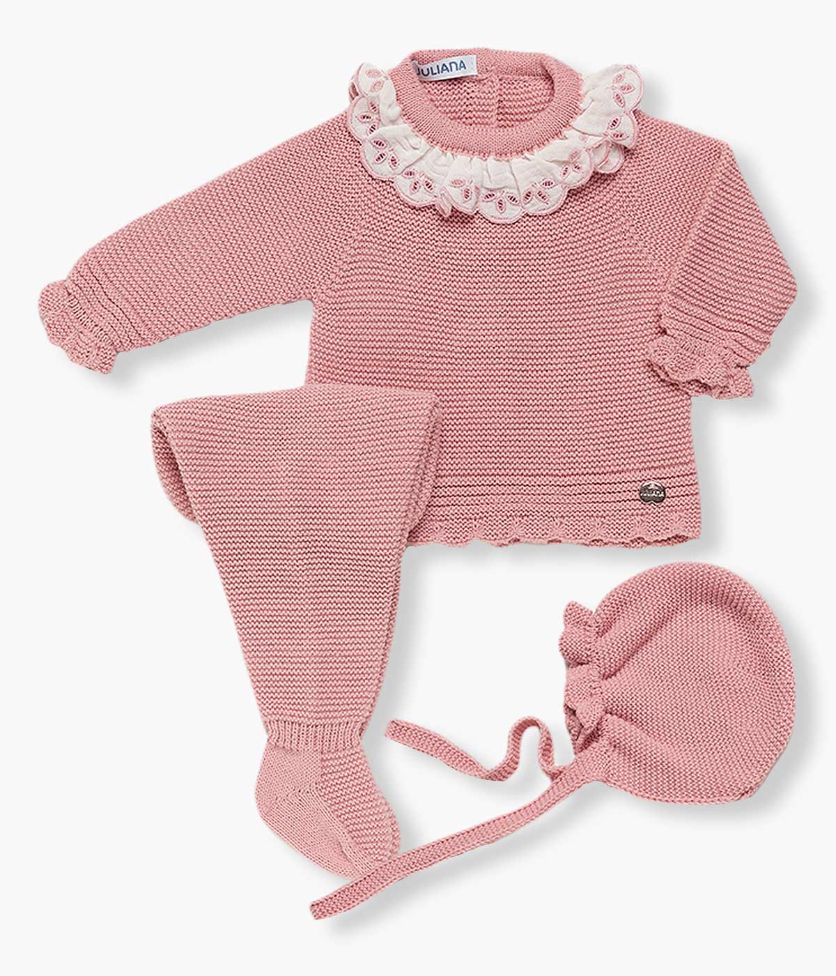 Conjunto de Malha Gola Folho Bebé Menina 3pc - Rosa