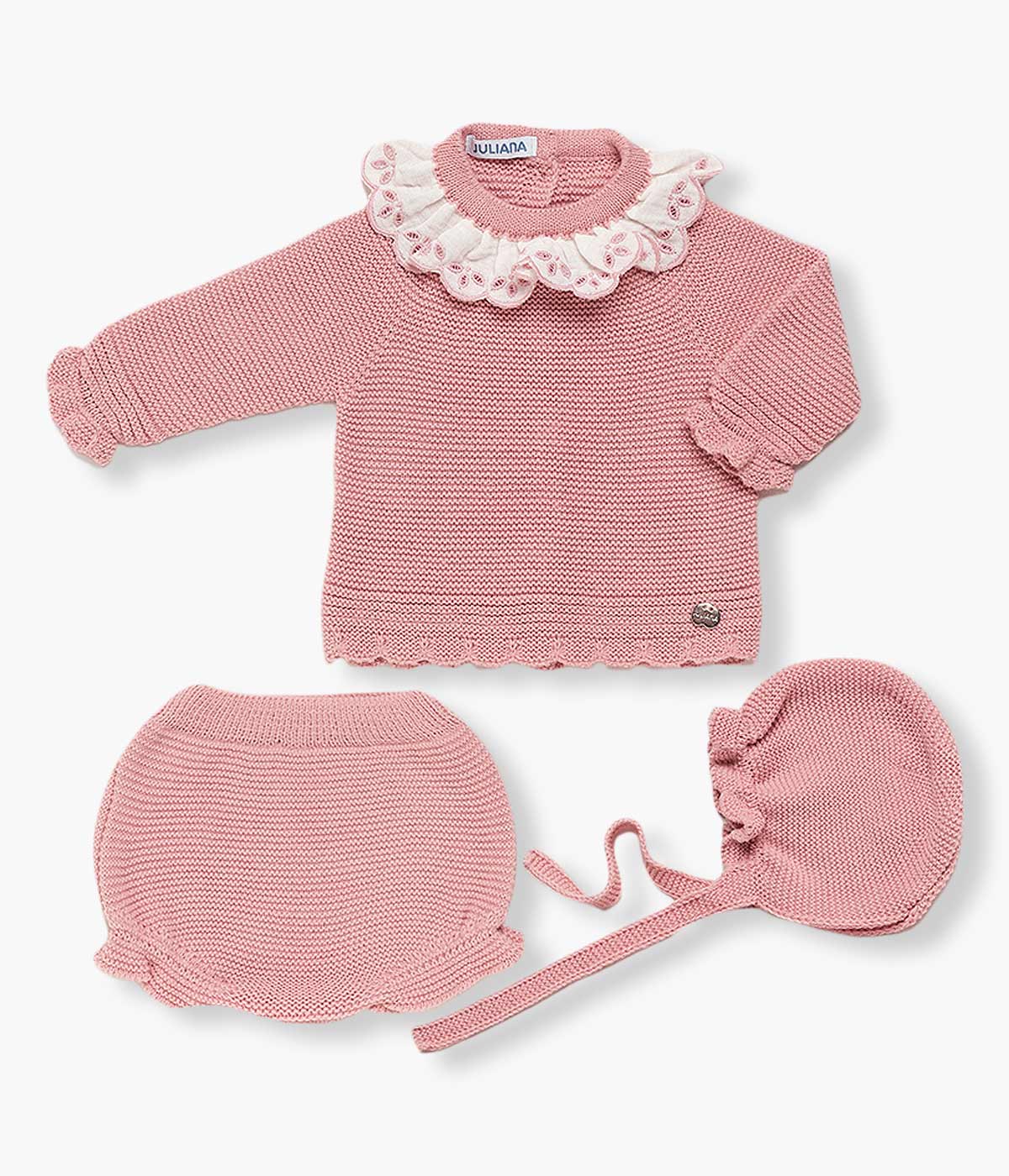 Conjunto de Malha Gola Folho para Bebé Menina 3pc - Rosa