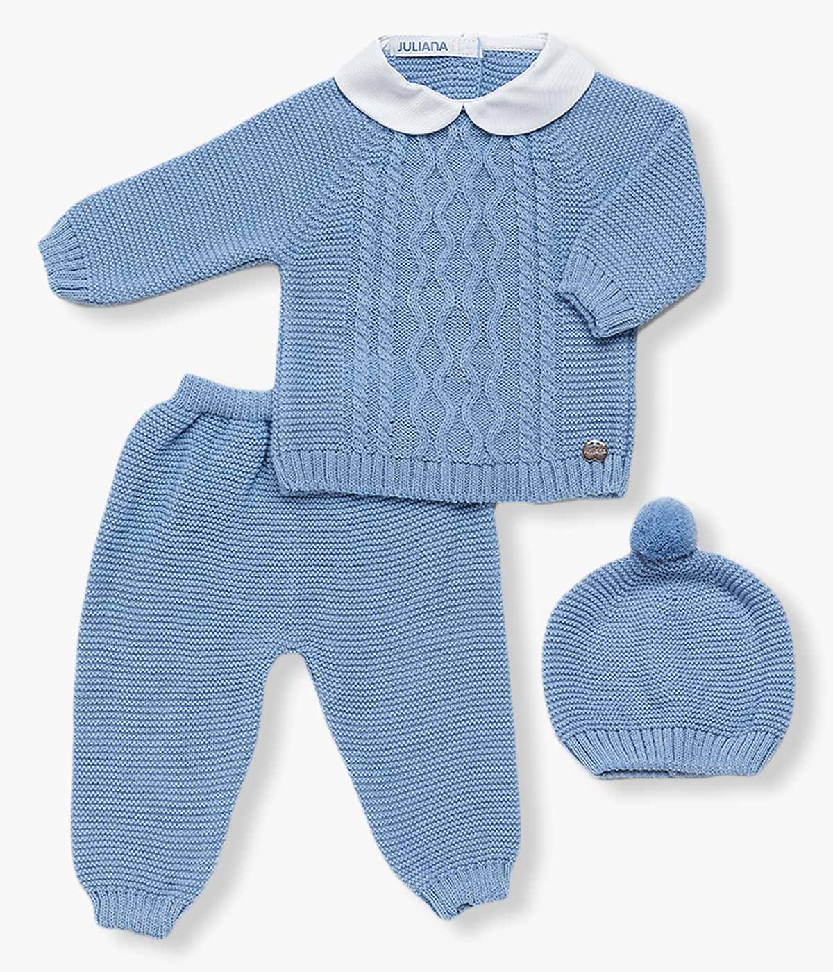 Conjunto de Malha com Gola para Bebé Menino 3pc - Azul