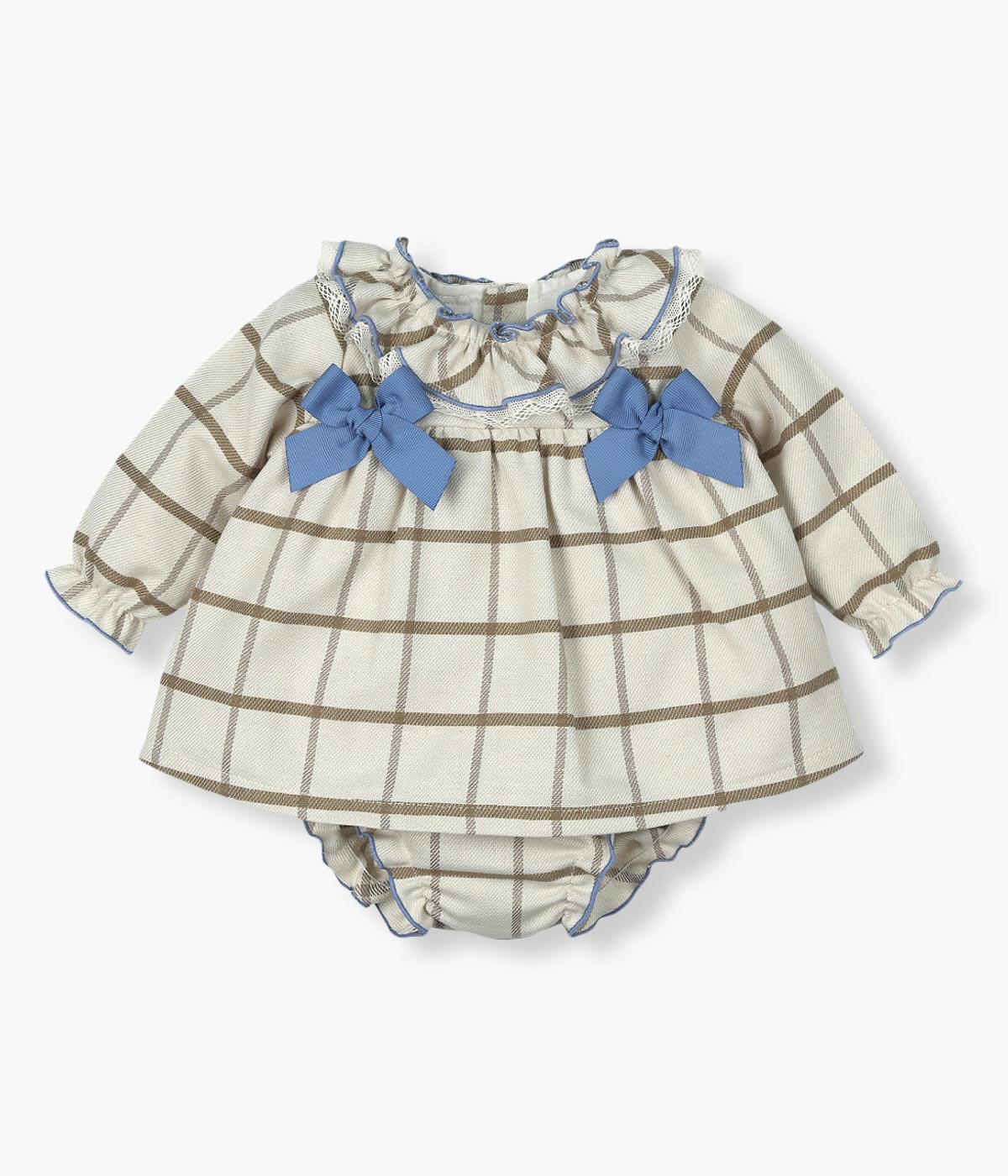 Vestido e Tapa Fraldas para Bebé Menina Xadrez 2pc - Bege