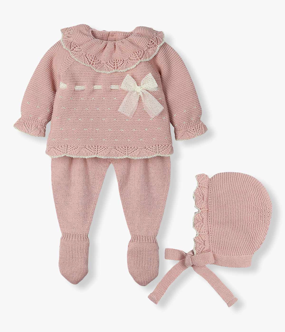 Conjunto de Malha com Gola para Bebé Menina 3pc - Rosa Velho