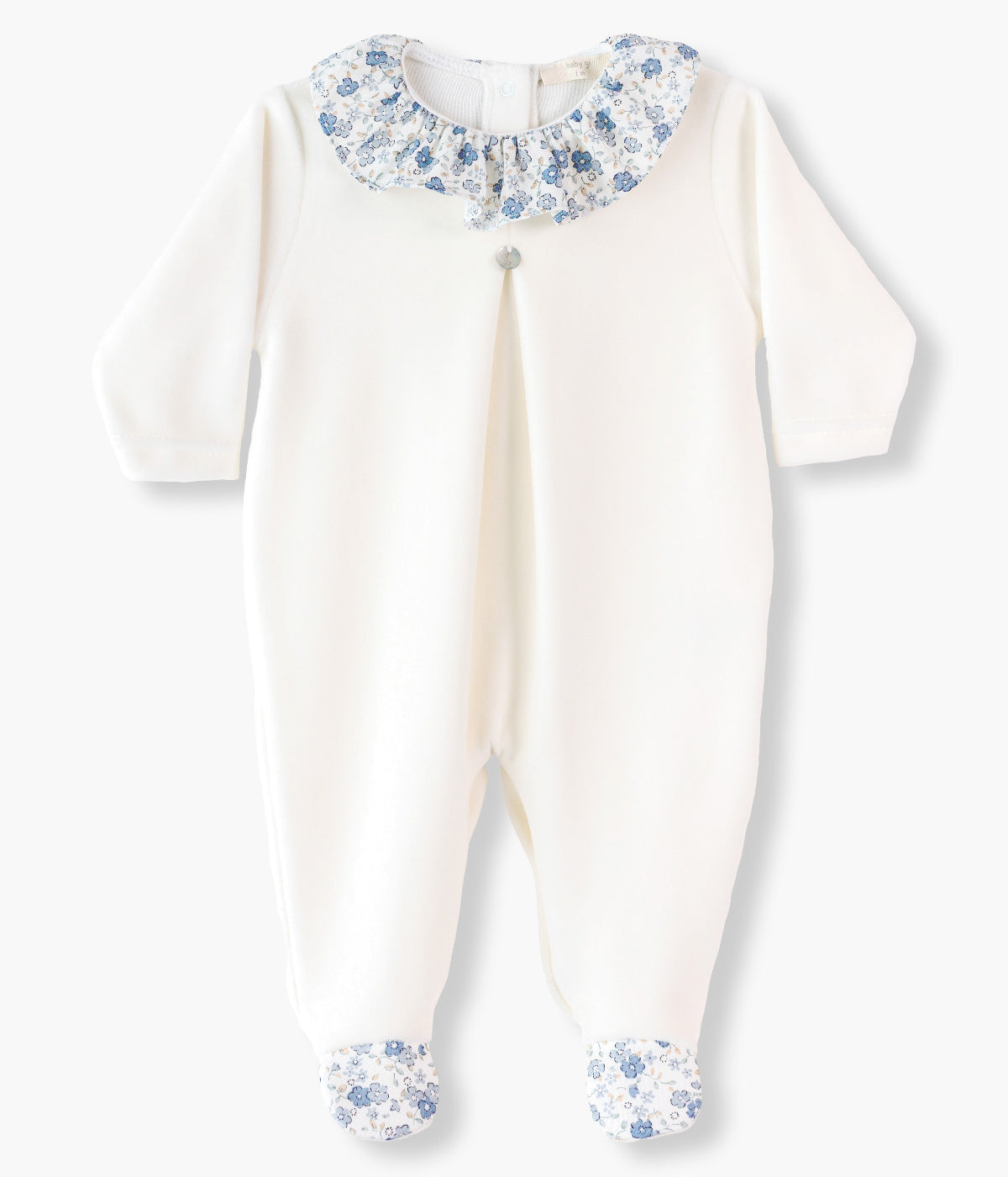 Babygrow em Veludo Bebé Menina Gola Folho Floral - Pérola