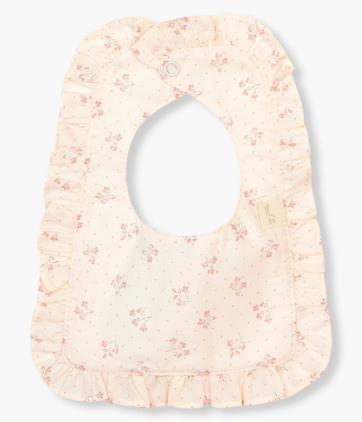 Vista frontal da babete pérola da Baby Gi para bebé menina e recém-nascida, 100% algodão. Elegante babete de formato quadrado com padrão de pequenas flores e folho a toda a volta.