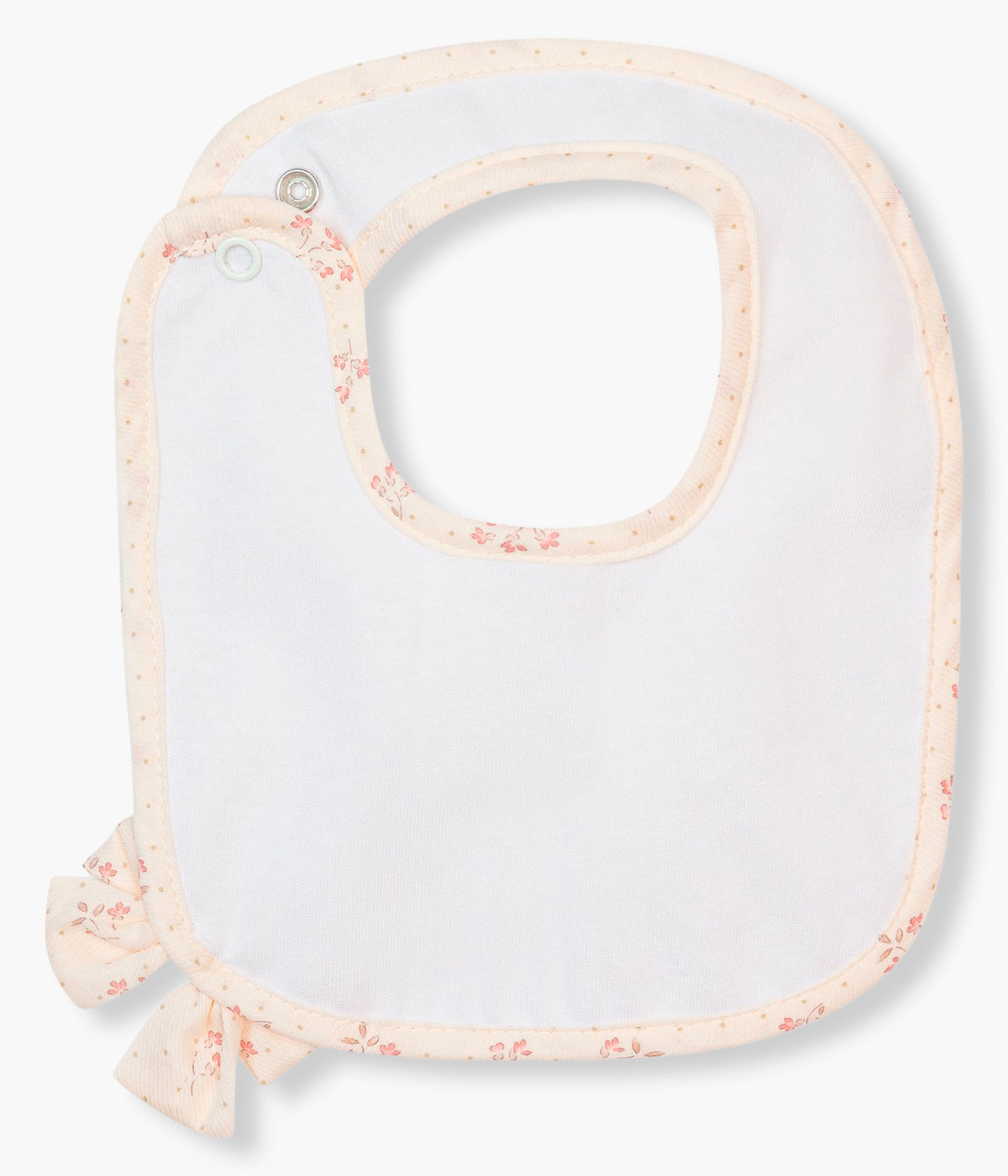 Vista traseira da babete rosa da Baby Gi para bebé menina e recém-nascida, 100% algodão. Elegante babete de formato quadrado com laço e contornos com padrão pequenas flores.