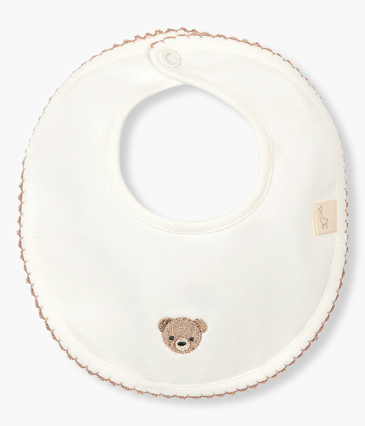 Vista frontal da babete pérola da Baby Gi para bebé e recém-nascido(a), 100% algodão. Elegante babete de formato redondo com fofo focinho de urso bordado na frente a combinar com a picueta.