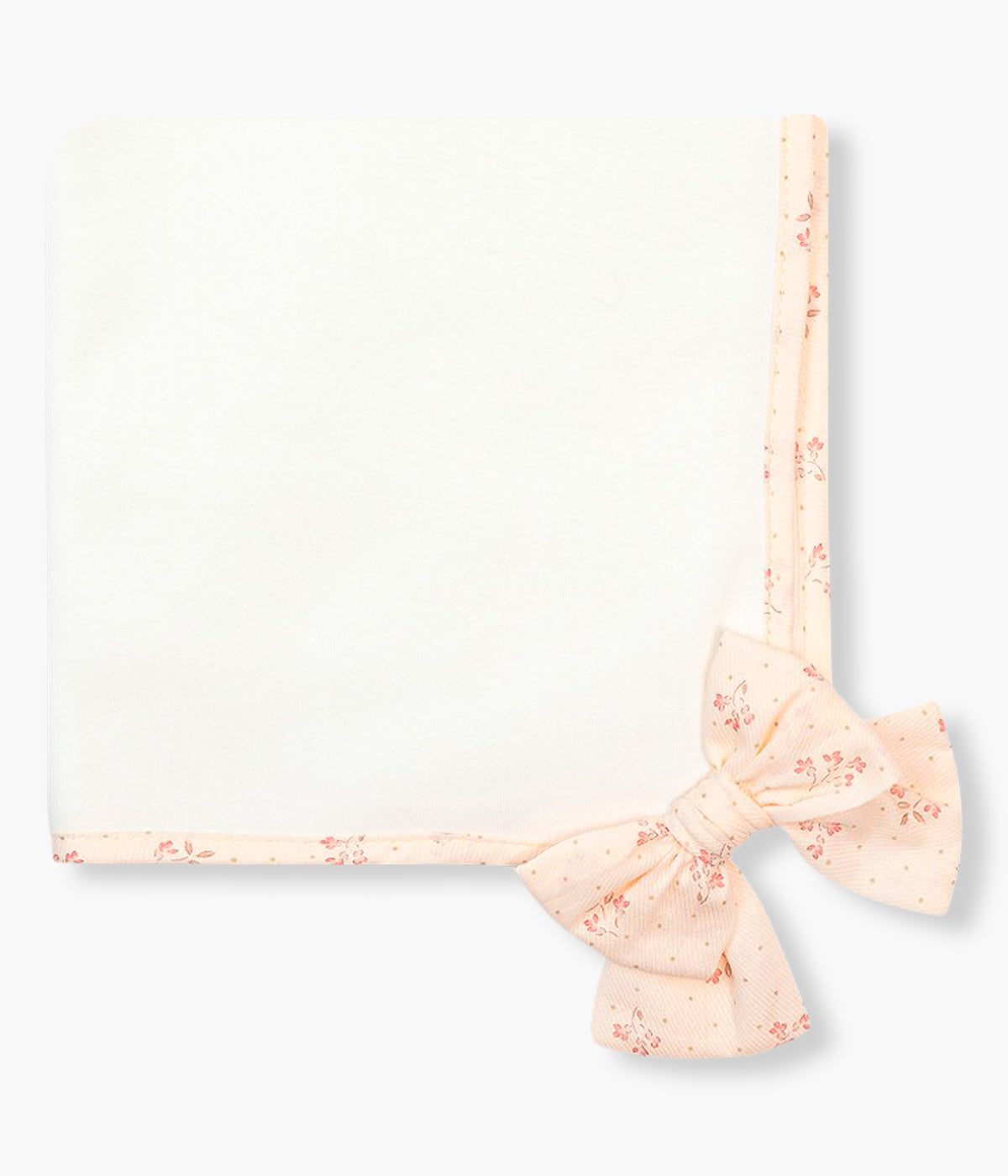Vista frontal da fralda pérola da Baby Gi para bebé menina e recém-nascida, 100% algodão. Delicada fralda com rebordo e laço no canto rosa com pequenas flores.