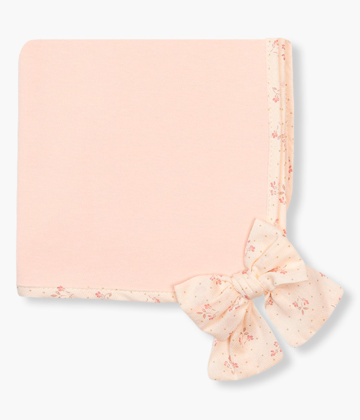Vista frontal da fralda rosa da Baby Gi para bebé menina e recém-nascida, 100% algodão. Rebordo e laço no canto pérola com padrão pequenas flores.