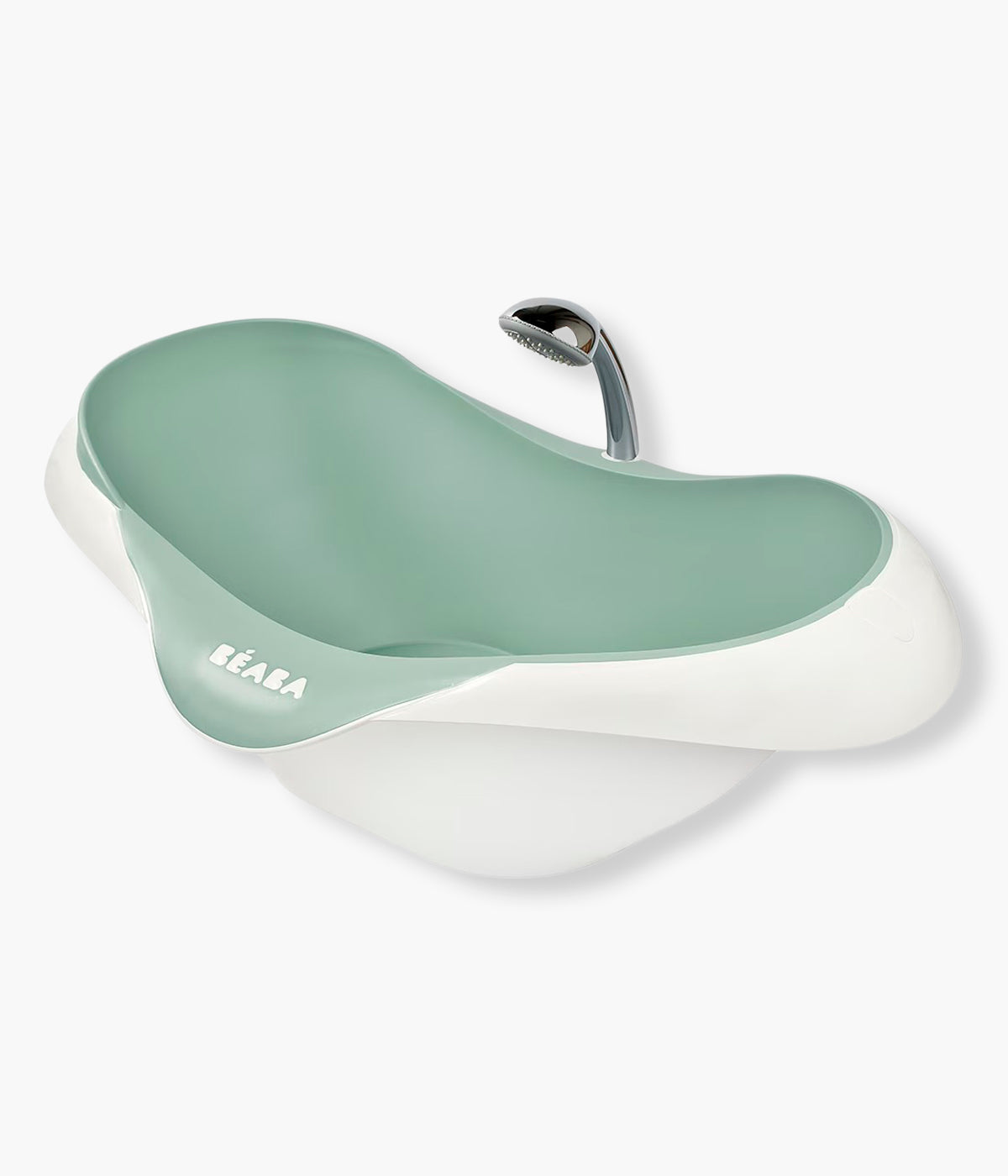 Banheira para bebé Camélé'o da Béaba na cor Sage Green (verde) com orificio para segurar na mangueira do banho.