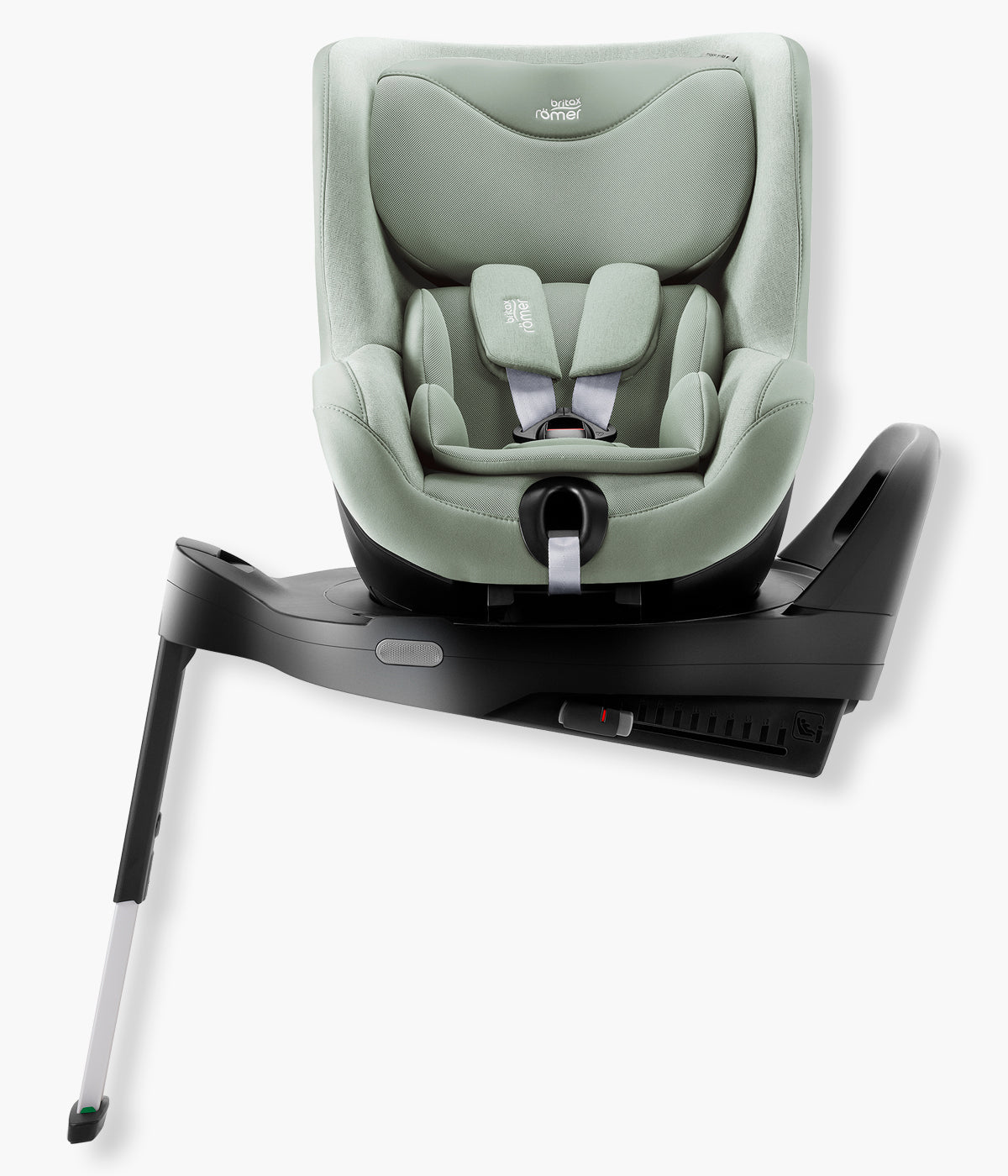 Vista frontal da cadeira auto rotativa i-Size Dualfix Pro M Style da marca Britax Römer na cor Sage Green instalada na base.
