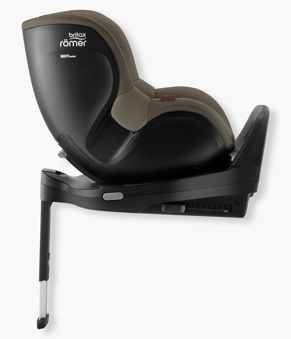Vista lateral da cadeira auto rotativa Dualfix Pro Style da Britax Römer na cor Urban Olive instalada na base.