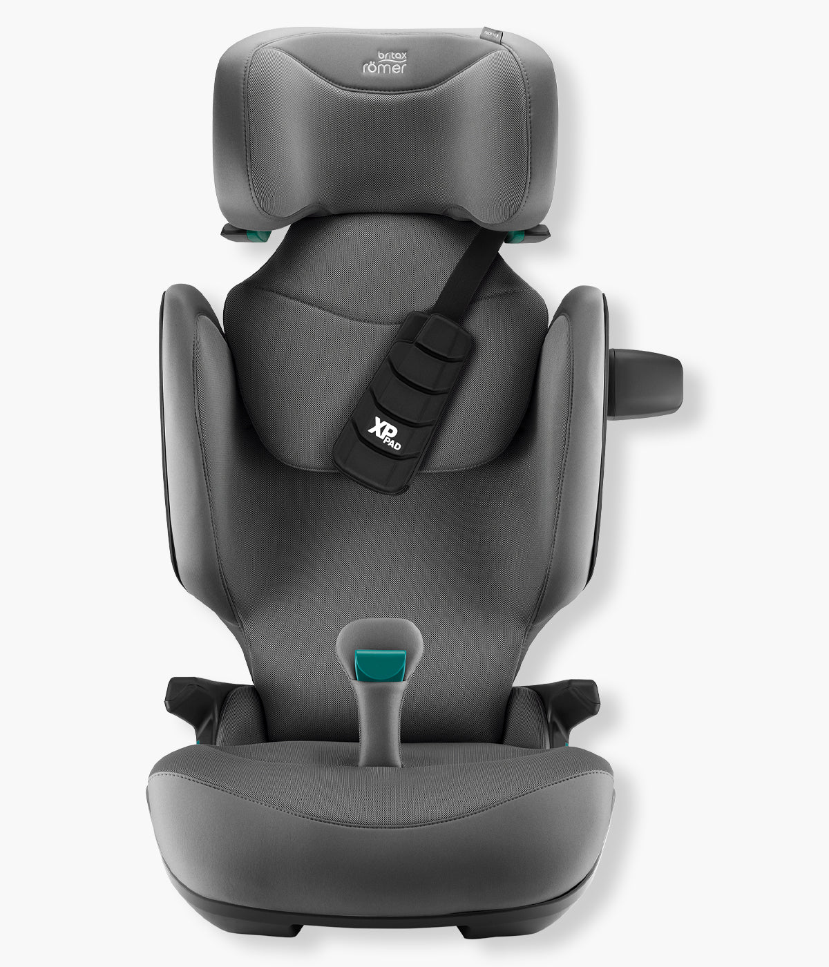 Vista frontal da cadeira auto elevatória Kidfix Pro Style da Britax Römer na cor Mineral Grey. Prática cadeira auto i-Size desenvolvida para acompanhar a criança dos 100 aos 150 cm, aproximadamente dos 3,5 aos 12 anos.