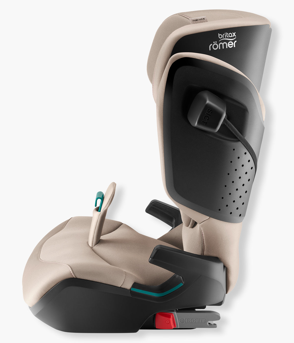 Vista lateral da cadeira auto elevatória Kidfix Pro Style da Britax Römer na cor Teak. Prática cadeira auto i-Size desenvolvida para acompanhar a criança dos 100 aos 150 cm, aproximadamente dos 3,5 aos 12 anos.