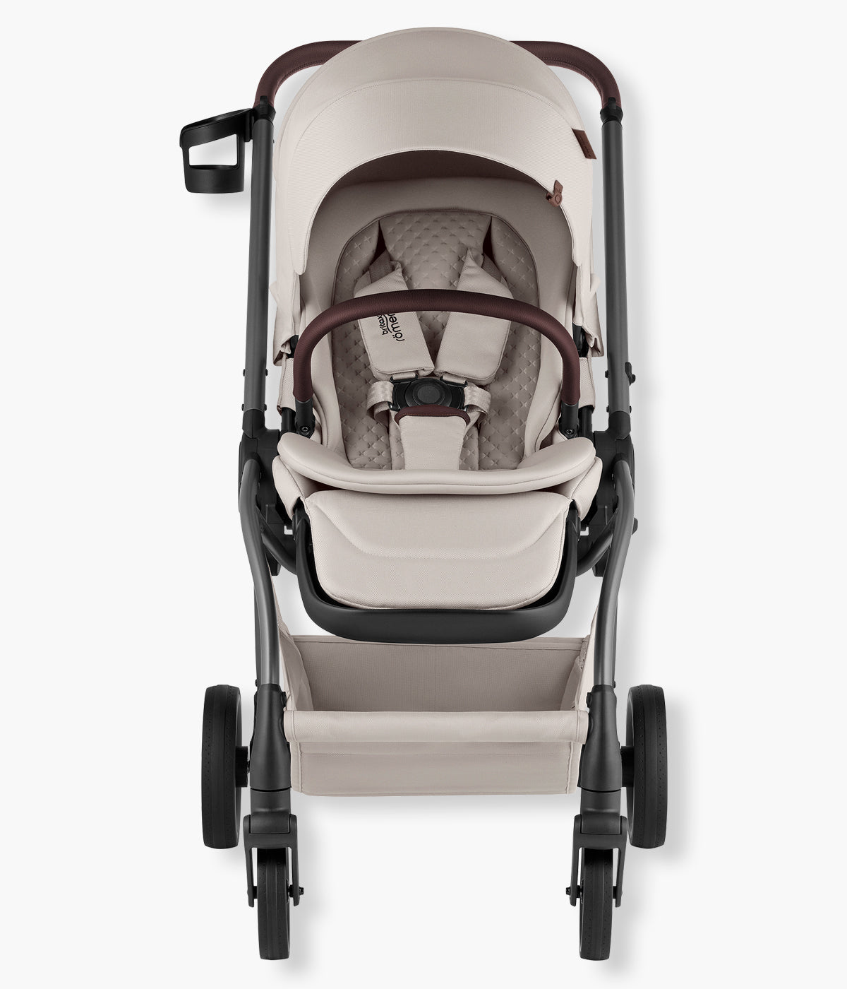 Vista frontal do carrinho de passeio Rio Lux da marca Britax Römer na cor Soft Taupe. Prático carrinho de passeio concebido para acompanhar a criança desde o nascimento até aproximadamente aos 4 anos ou 22 kg.