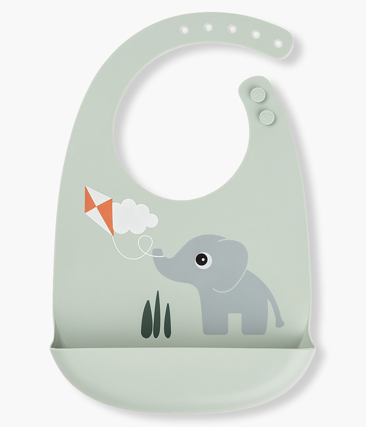 Vista frontal da babete em silicone de grau alimentar verde Done By Deer decorada com o elefante Elphee. Impermeável e com bolso, esta babete é perfeita para manter o bebé limpo enquanto aprende a beber e comer sozinho.