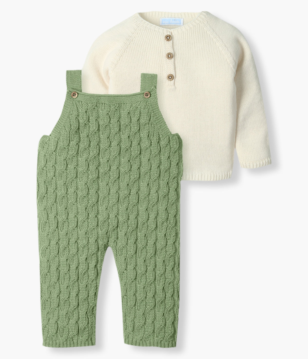 Conjunto de 2 peças em malha composto por camisola e macacão da Mac Ilusión para bebé menino e recém-nascido. Camisola de manga comprida bege e macacão de alças e sem pés bege com tricotado entrelaçado.