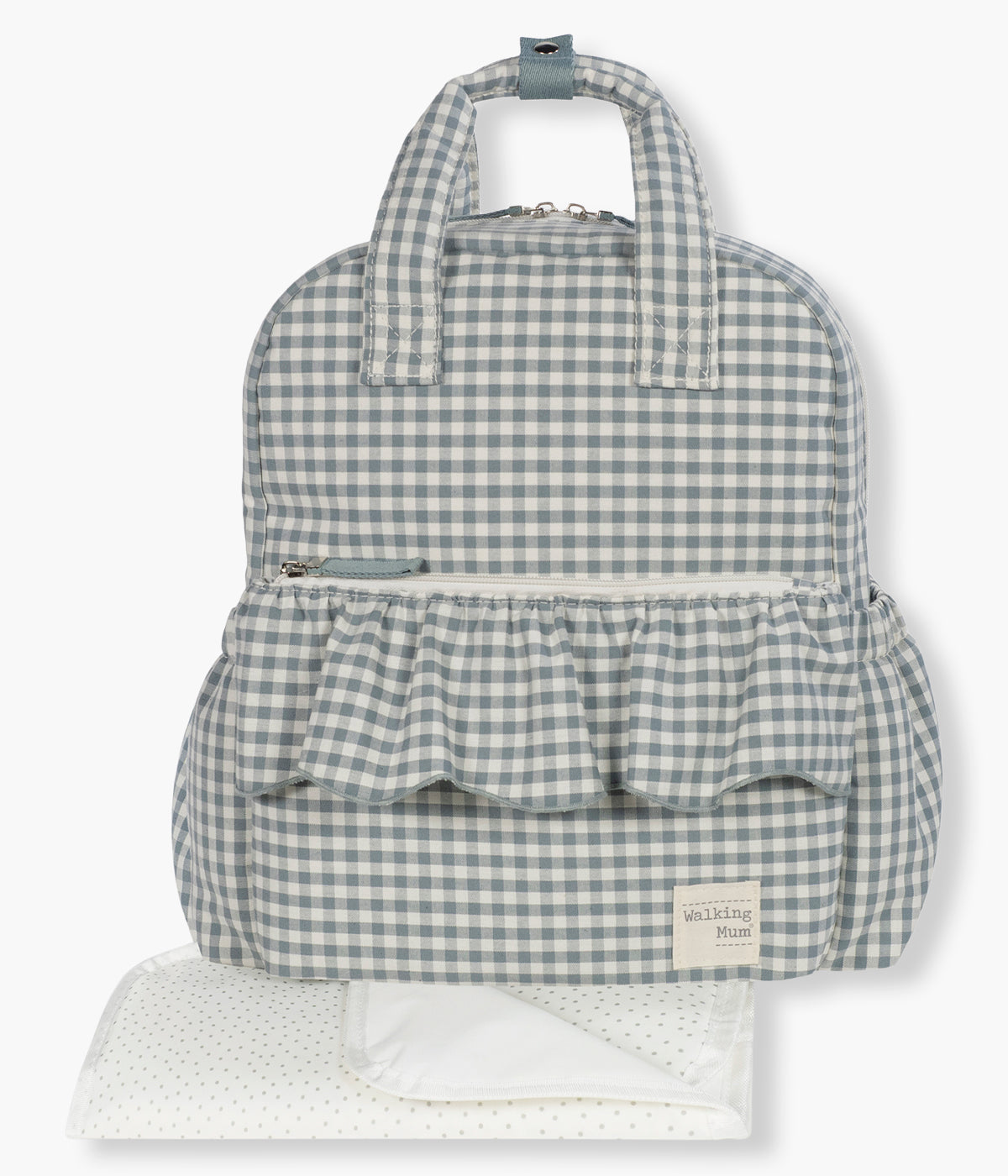 Vista de frente da Mochila de Maternidade Walking Mum Praliné Vichy Matcha.